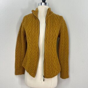 Inis Craft Merino Wool Gold Cardigan Cable Knit Sweater Zip Front Academia Large
